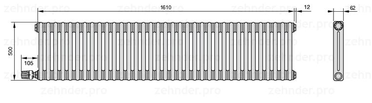 Схема (чертеж) Радиатор Zehnder Charleston 2050/35 №V003 Белый глянцевый RAL 9016